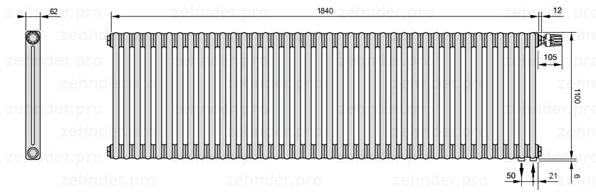 Схема (чертеж) Радиатор Zehnder Charleston 2110/40 №V002 Белый глянцевый RAL 9016